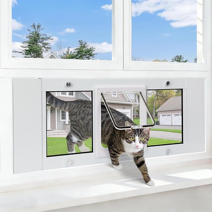 Full Size Cat Door Window Insert，Adjustable Width of 23"-28", 4 Locking Modes, Magnetic Closure, 10-Min Quick Install, HD Transparent Flap,Weatherproof Window Pet Door for Cats & Small Dogs