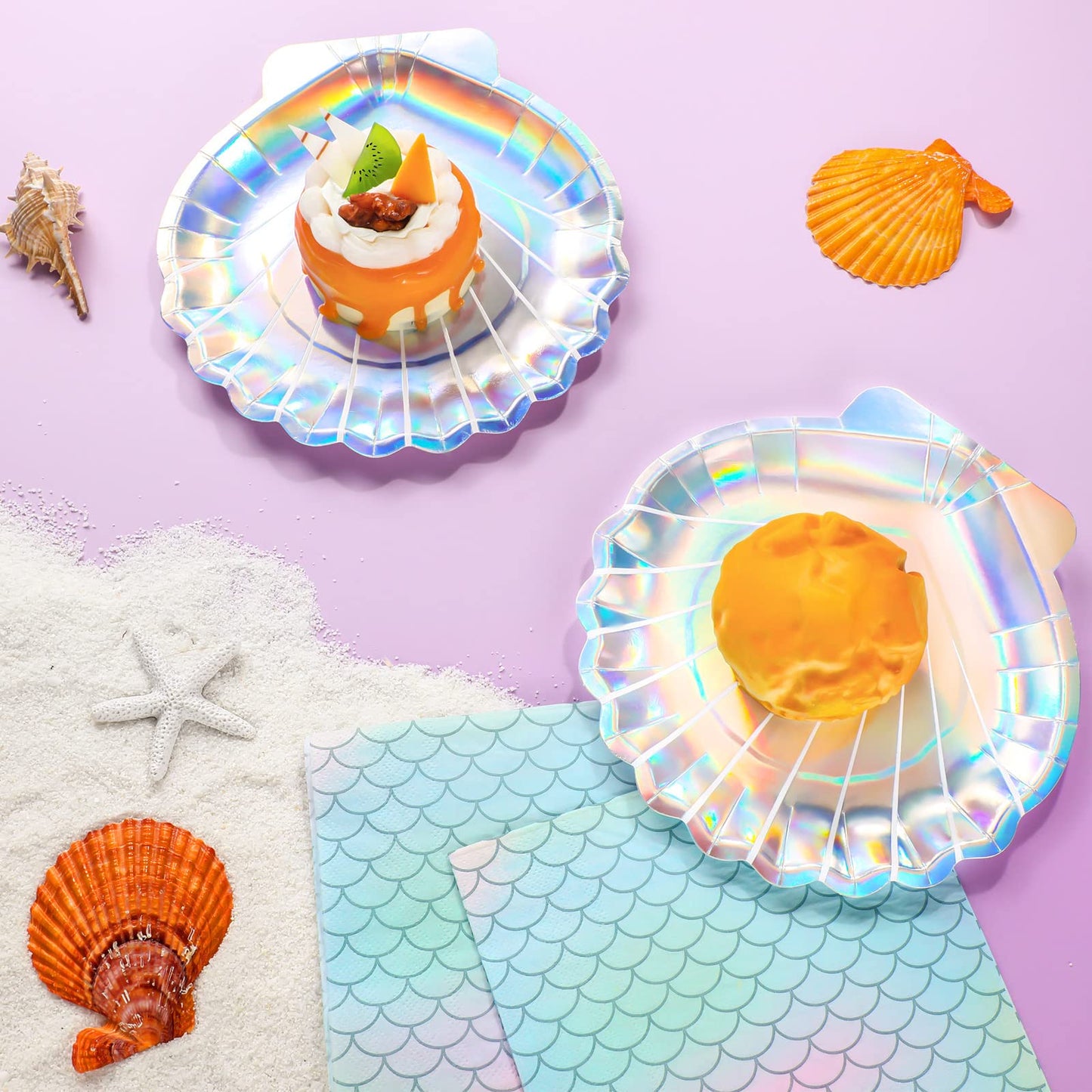 Gersoniel 40 Pcs Iridescent Mermaid Party Supplies Set, 20 Clam Shell Plates and 20 Scales Napkins Mermaid Party Decorations Disposable Paper Plates and Napkins Seashell for Birthday (Shell)