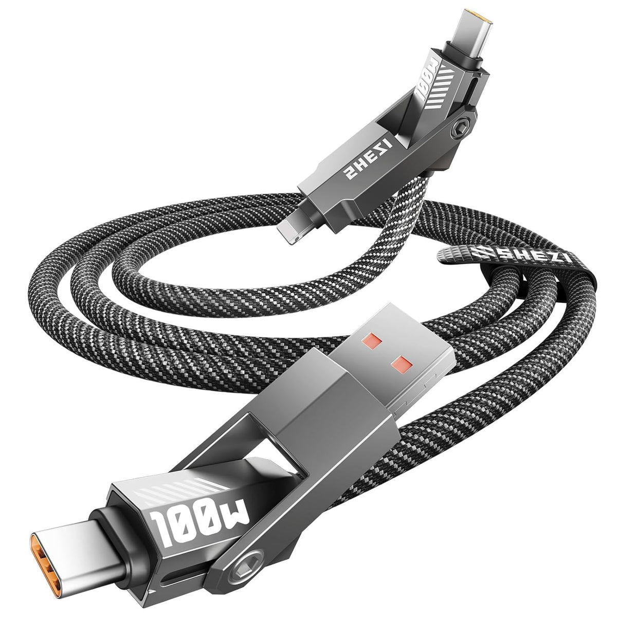 SHEZI Nylon Braided 4 in 1 USB C Cable 100W 5FT Compatible with Lightning Cable, Fast Charging for iPhone/iPad Charger Cord [480Mbps Data Sync],Multi Charging Cable with Type C/USB A, Grey
