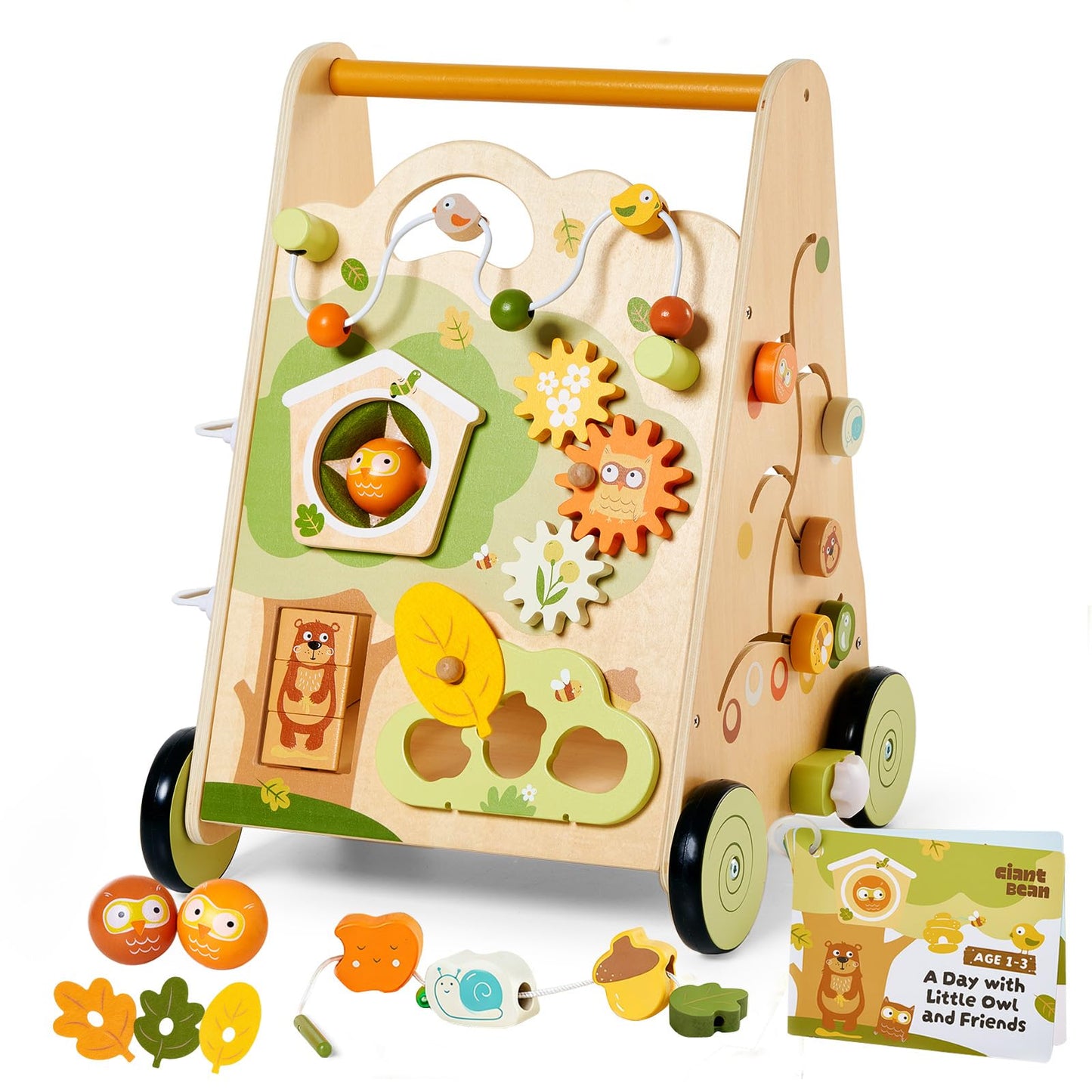 10-in-1 Wooden Baby Walker with Activity Center, Forest Montessori Push Toy for Toddlers 1–3, Bead Maze, Shape Sorter, Gears, Puzzles Fine-Motor Learning, Speed Adjustable Wood Walker for First Steps