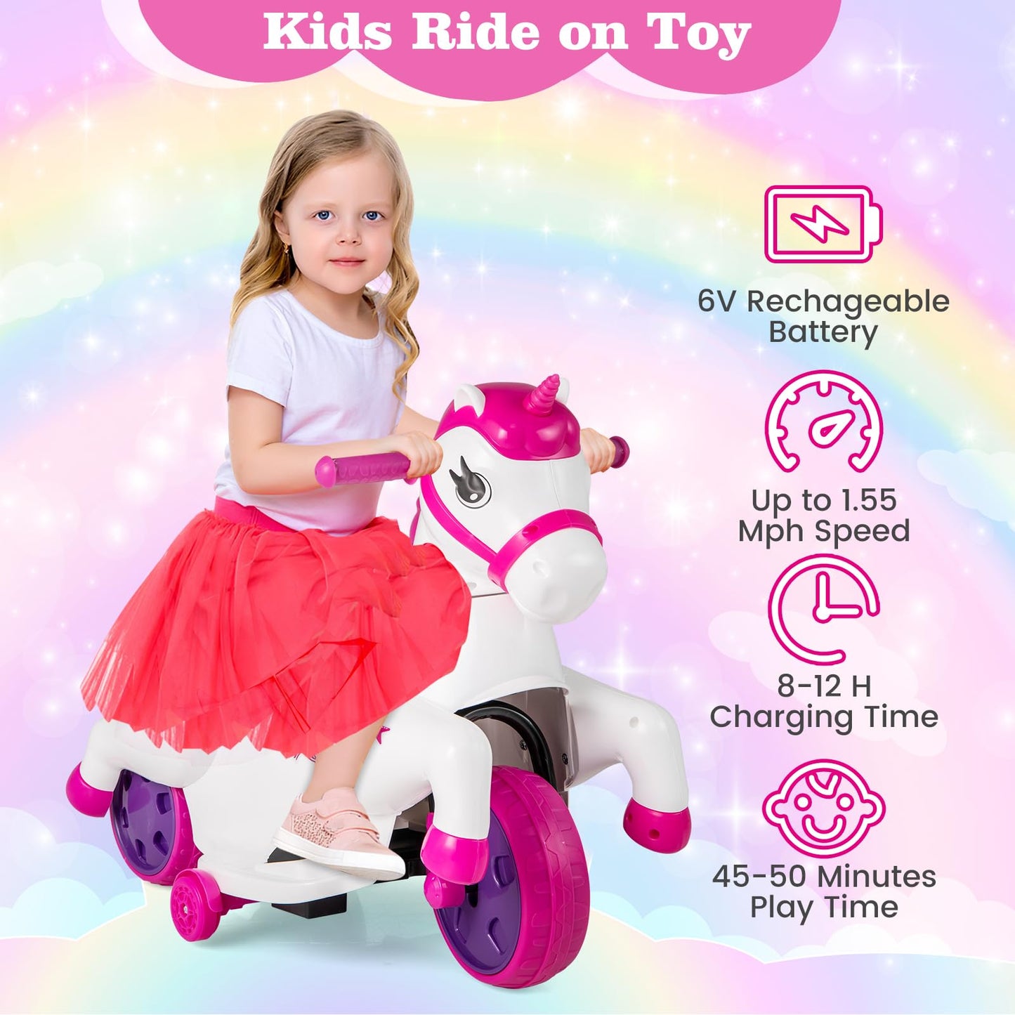 OLAKIDS 2 in 1 Ride on Motorcycle and Horse, Unicorn 6V Battery Powered Ride on Toy with Up & Down Function, MP3, Power Display, Training Wheels, Kids Electric Vehicle Aged 3-6 Years (Pink)