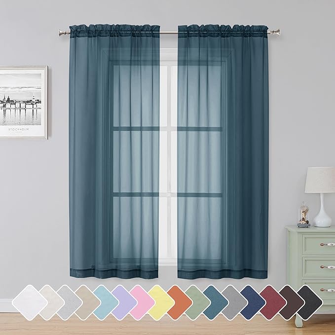Simplebrand Dusty Blue Sheer Curtains 63 Inch Length 2 Panels, Rod Pocket Solid Color Window Sheer Curtain Panels, Elegant Curtains & Drapes for Living Room, Bedroom 2 Panels (42" W x 63" L)