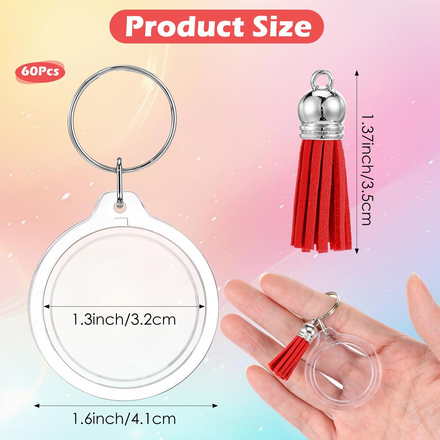 moheaaei 60 Pcs Acrylic Photo Frame Keychain with Tassels, Double Sided Acrylic Picture Frame Keyrings, Snap-In Custom Insert Photo Keyring Clear Blank Picture Keyring