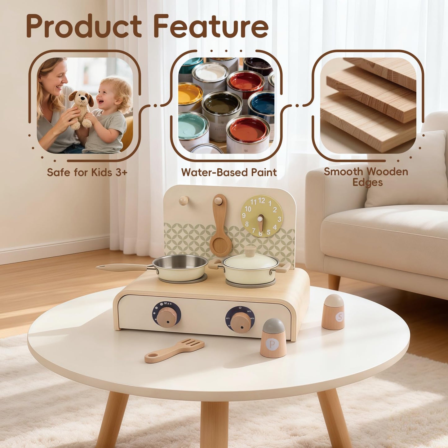 Freniland Wooden Play Kitchen for Kids – Tabletop Pretend Play Kitchen Set with Turning Knobs, Pot & Spatula – Mini Toddler Kitchen Playset for Boys & Girls Age 3+