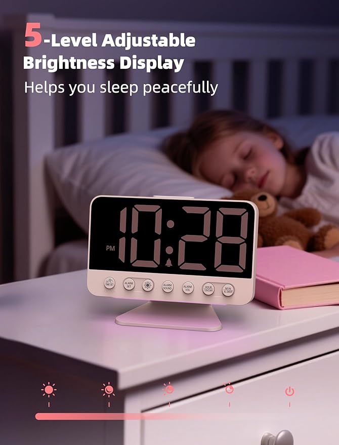 Odokee Digital Alarm Clocks for Bedrooms with Large Bold Number | Pink Alarm Clock with 8 Night Lights & Dimmable Display - Cute Alarm Clock with 5 Sounds for Girls Teens Kids - Sakura Pink