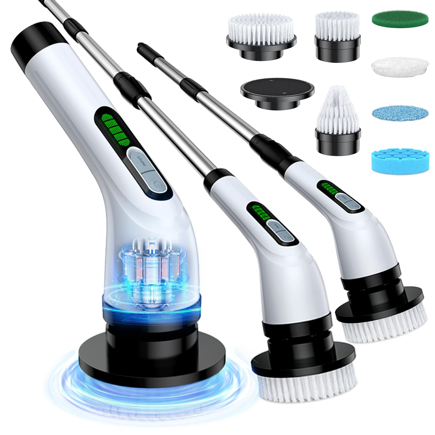Highyes Electric Spin Scrubber, Powerful 2-Speed Cleaning Brush, IPX7 Waterproof with 7 Reusable Brush Heads & Extendable Handle, for Bathroom Toilet Shower Kitchen Wall Tile Floor Grout (White)