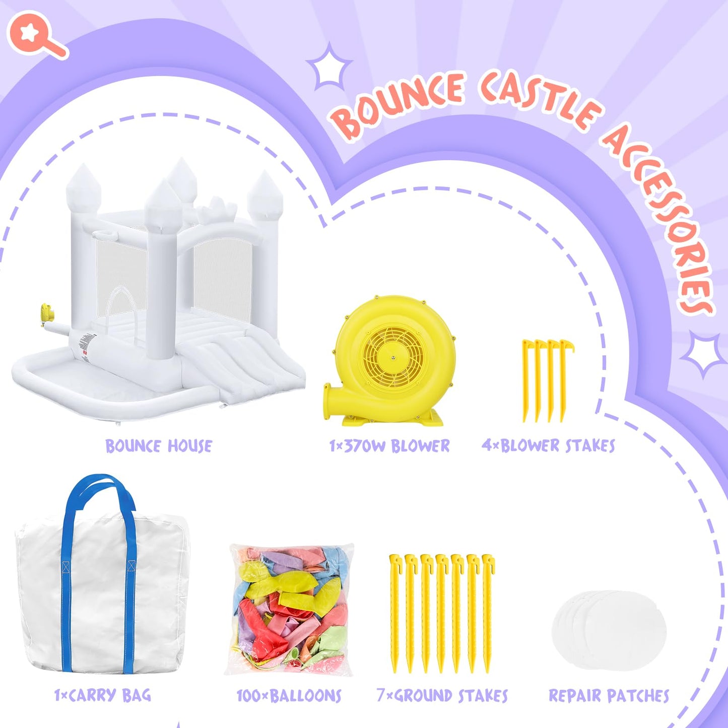 FINCOME White Bounce House, Inflatable Bounce Castle with Double Slide Ball Pit 370W Blower Bouncer for Toddler, Bounce House Bouncy Castle for Indoor Outdoor Backyard Wedding Kids Birthday Party