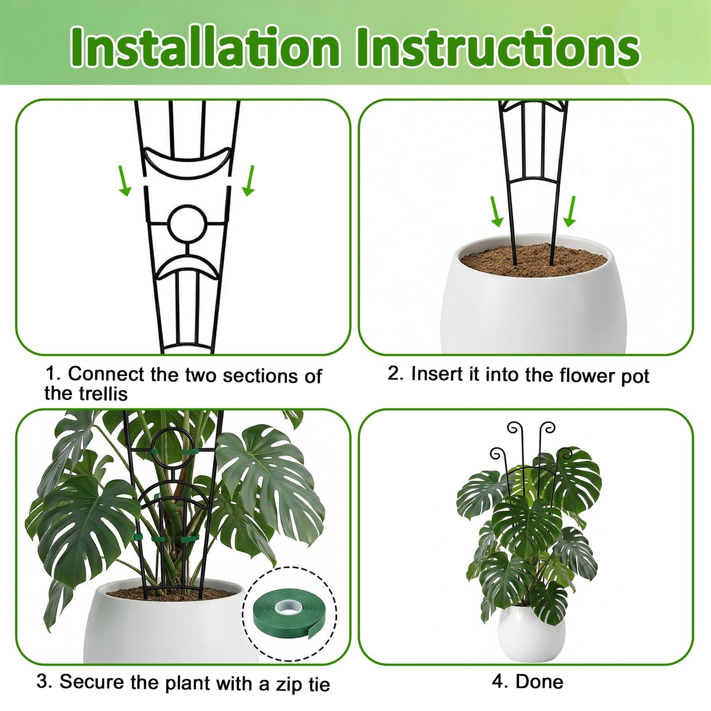 Monstera Plant Support - 4-Pack of 32.6" Tall Plant Trellis Stakes for Large Indoor Vines | Adjustable Dual Pole Frame for Monstera Deliciosa & Potted Plants