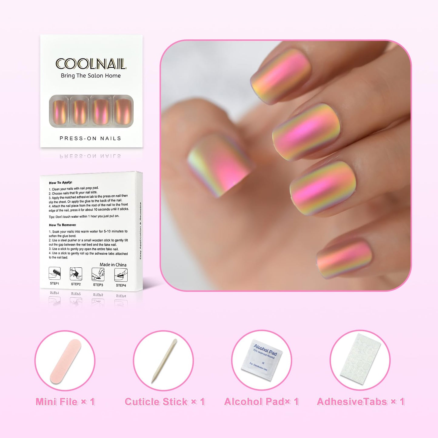 Coolnail Chrome Pink Gold Short Fake Nails Rainbow Squoval Square Gel False Press on Nails for Girl Full Cover Wear Finger Nail Art Tips