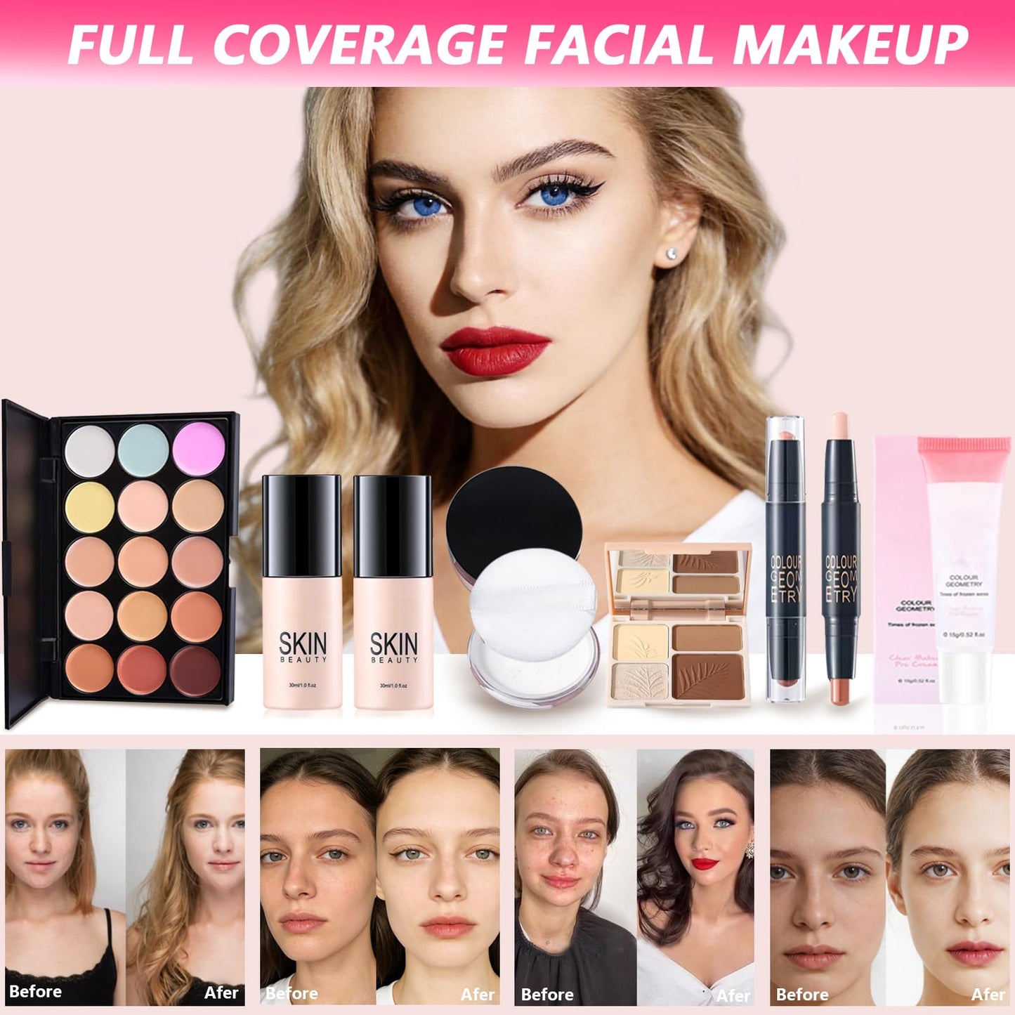 All-in-One Makeup Kit for Women Full Kit, Makeup Gift Set for Women Teens Girls, Makeup Essential Bundle Includes Eyeshadow Foundation Lipsticks Mascara Eyeliner Contour Stick Cosmetic Brush Set