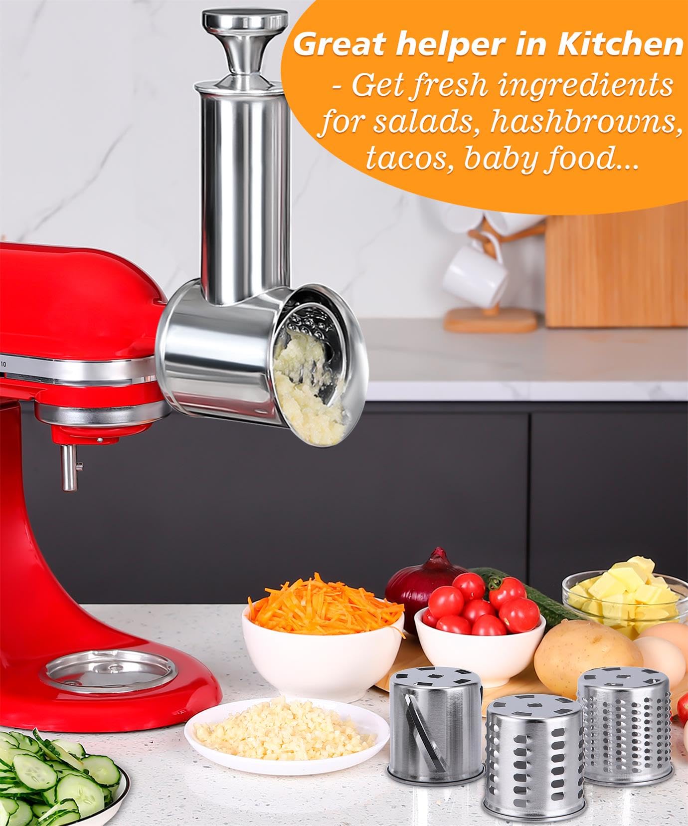 FavorKit Stainless Steel Salad Maker Attachment for KitchenAid Mixers, Large Slicer Shredder & Cheese Grater Accessories with 4 Blades,Dishwasher Safe