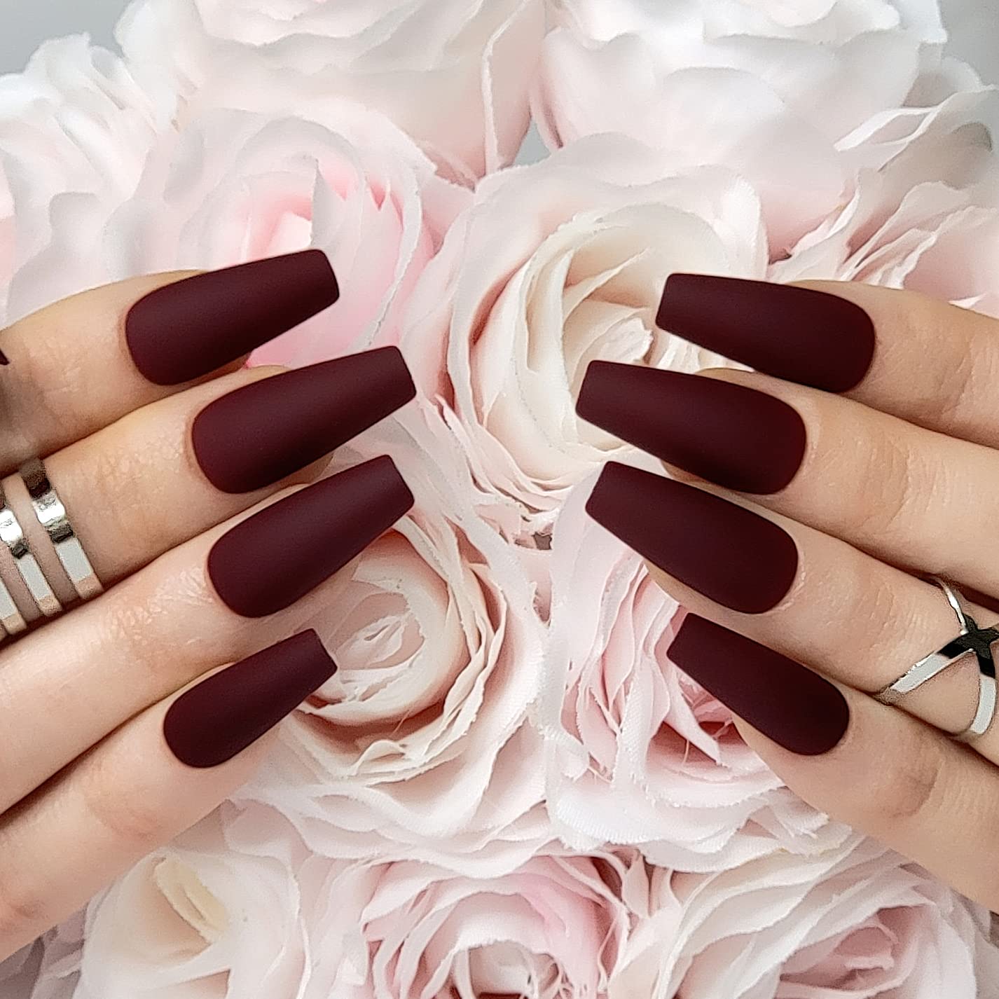 Hypnaughty 24 Pcs Maroon Xtreme Red Matte Coffin Press on Nails with Glue Medium Long Fake Nails Full Cover (Maroon Xtreme)