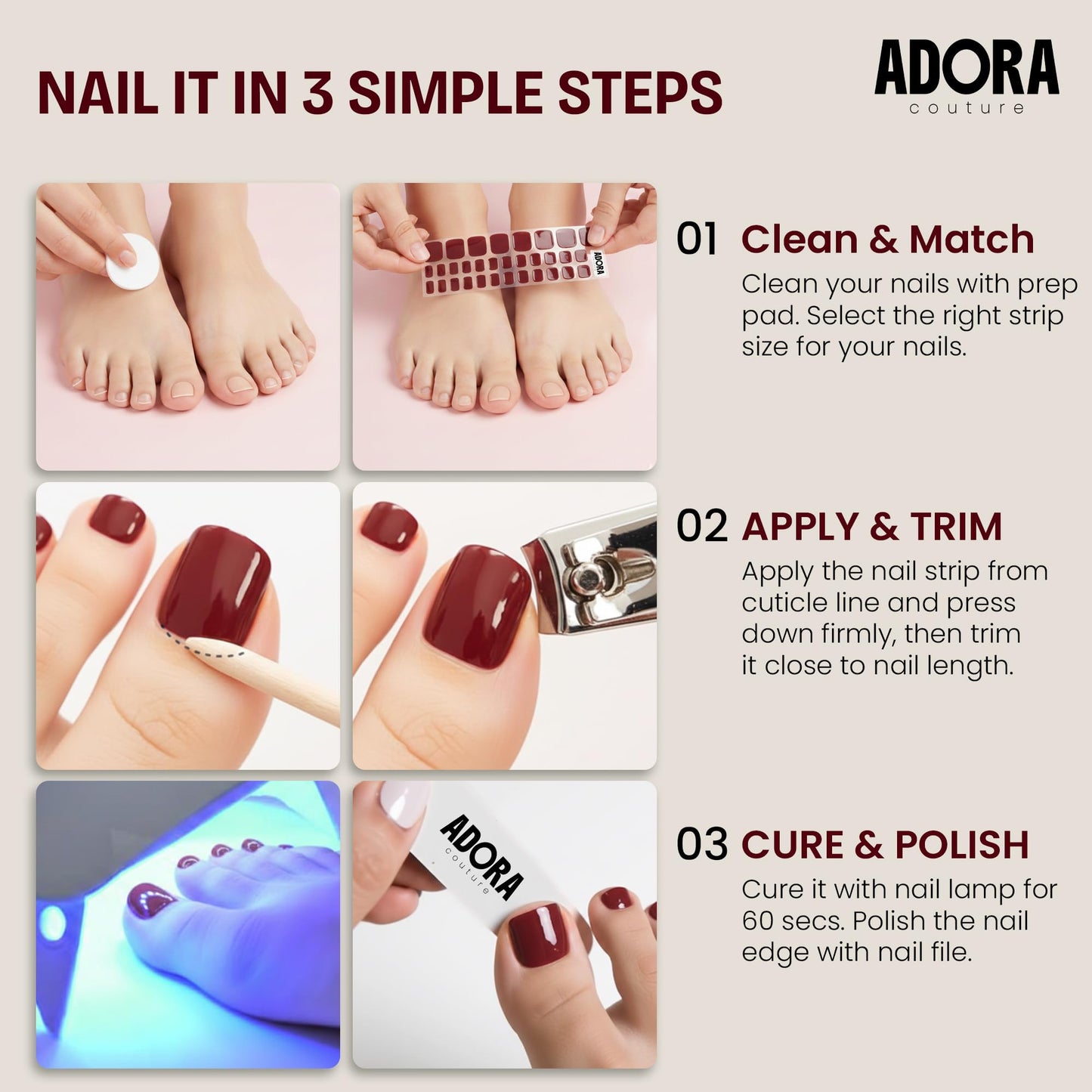 Semi Cured Gel Nail Strips – 32 Pcs Gel Pedicure Stickers - UV Nail Wraps for Toenails, Easy Application, Long Lasting, Salon Quality & UV Light Required - Cashmere Taupe