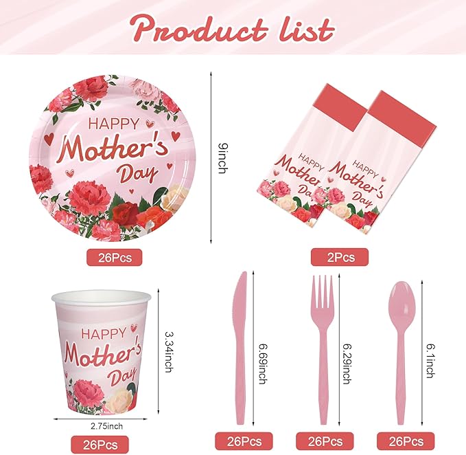 132 Pcs Mother's Day Party Supplies for 26 Guests | Disposable Pink Tableware Set with Plates, Cups, Cutlery & Tablecloth