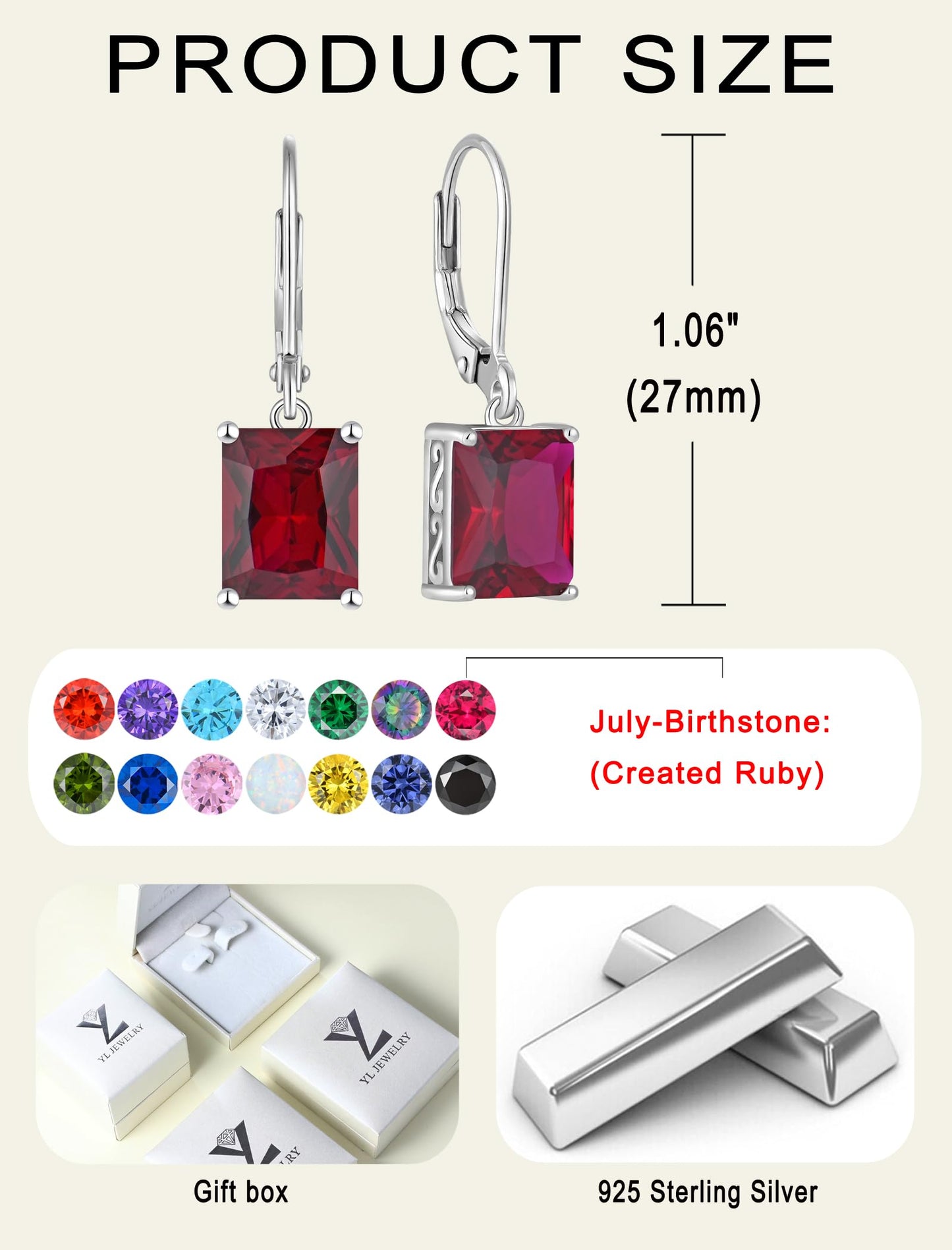 YL Solitaire Dangle Drop Earrings 925 Sterling Silver Leverback Earrings 8X10MM Square Created Ruby Jewelry