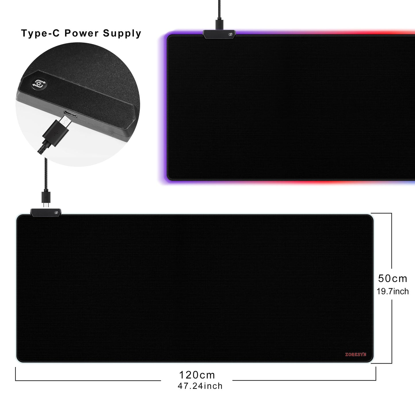 ZORESYN Large RGB Gaming Mouse Pad, 47.2x19.7 Inch Extended LED Mousepad with 9 Lighting Modes, Non-Slip Rubber Base, Smooth Surface, USB-C Powered, for PC Laptop Computer Gamer - Black