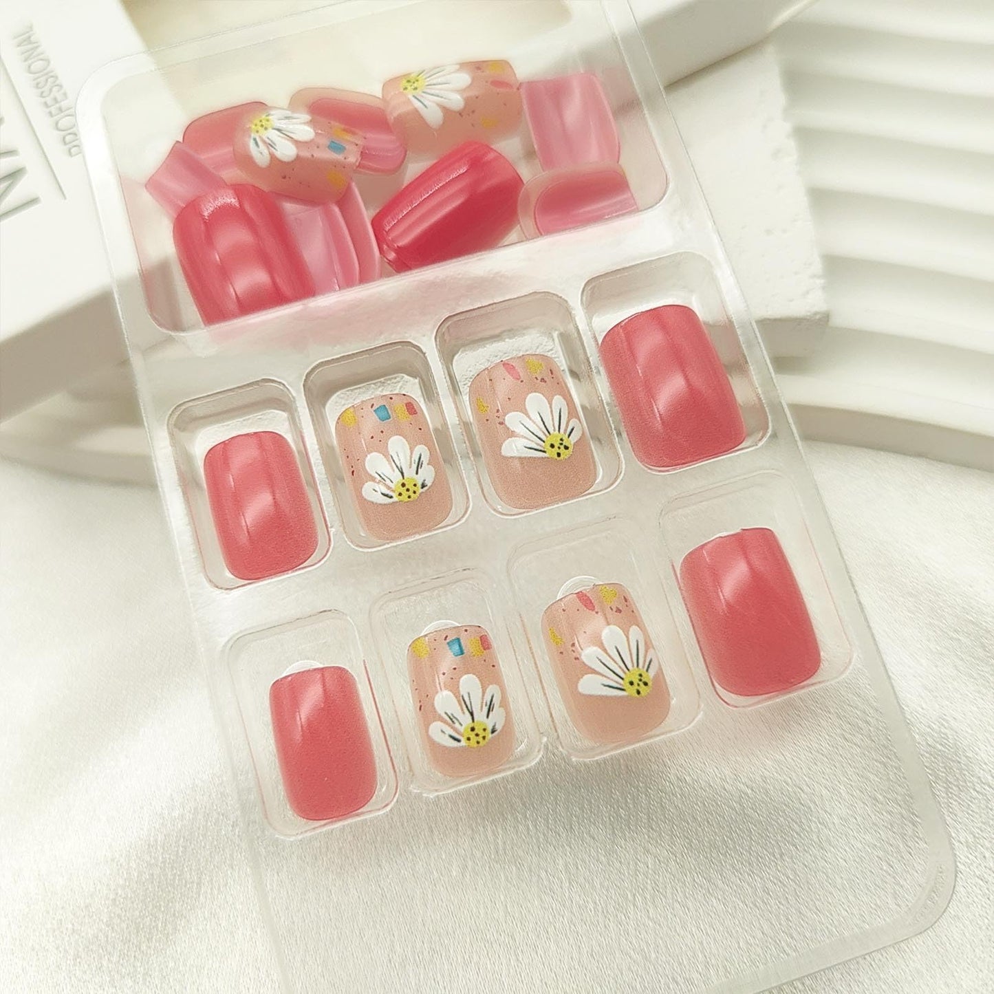 Flower Press on Nails Short Square Fake Nails with Floral Designs Spring Nails Press ons Glossy Glue on Nails Light Red Acrylic Nails Summer Stick on Nails for Women 24 Pcs