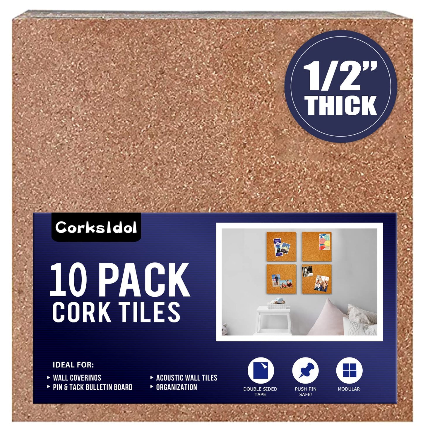 Corksidol Cork Tiles 12"x12" - 1/2" Thick -Bulletin Board-Cork Board- Ultra Strong Self Adhesive Backing for Floor/Wall/DIY-10 Pack