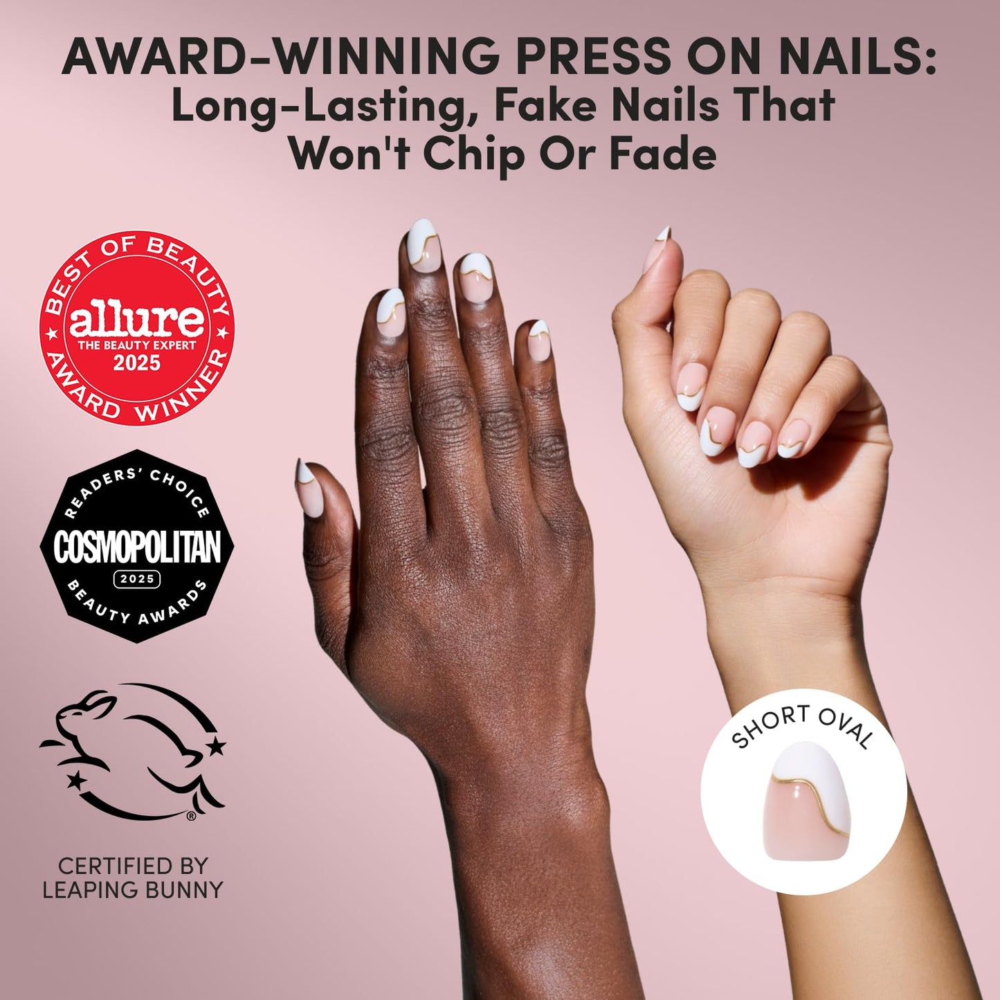 Glamnetic Press On Nails - Short Oval Fake Nails with Abstract White French Tips, Glossy Finish | Salon Quality Vacation Nails | French Muse | 15 Sizes - 30 Nail Kit with Glue