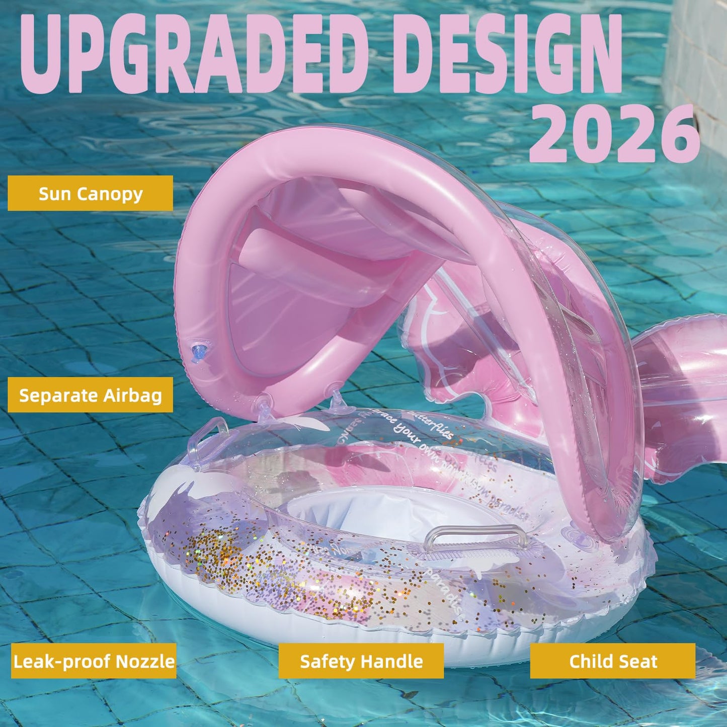 Pool Floats Kids, Inflatable Baby Toddler Swim Ring with Gold Glitter Butterfly Back Support, Ages 6+ Months Under 50 lb, Cute Summer Pool Floaties, Baby Beach Essentials, Dreamy Butterfly Design