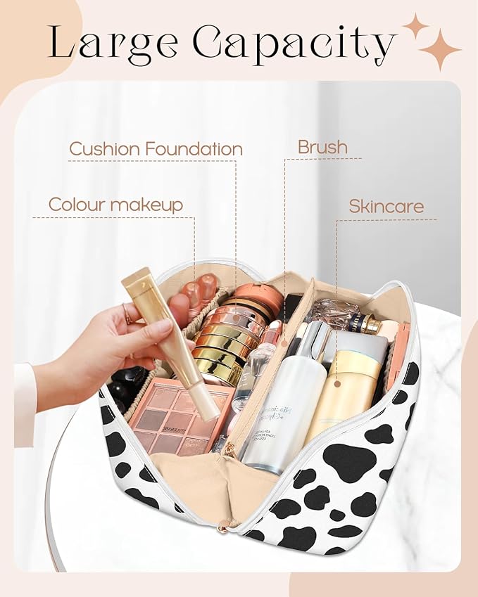 Bistup Makeup Bag Travel Cosmetic Bag Toiletry Make Up Bags Cute Women Large Capacity Big Medium Leather Cow Print Aesthetic Girl Teen Teenage Foldable Expandable Open Flat Zip