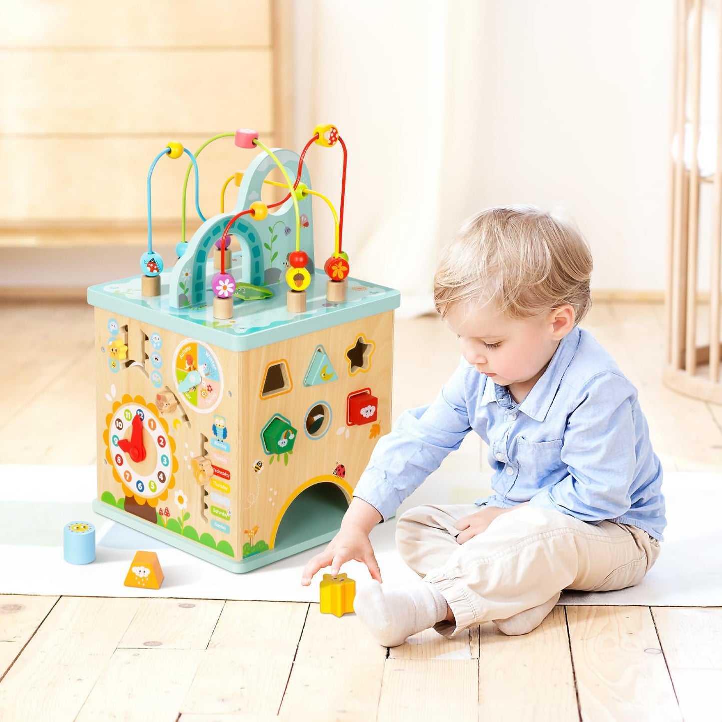OOOK All-in-one Activity Center, 5 in 1 Baby Activity Table with Gear Game, Kids Sensory Table Play Cube with Montessori Calendar, Bead Maze, Shape Sorter, Ball Drop and More
