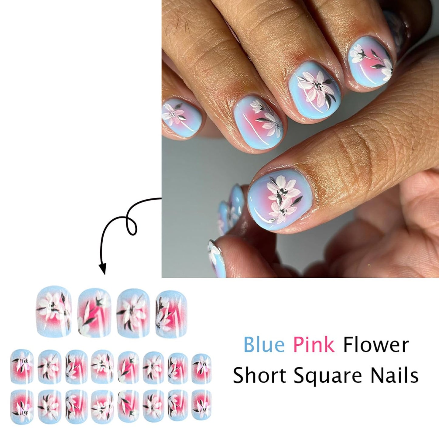 Flower Press On Nails Short Square Fake Nails Blue False Nails With Gradient Design Full Cover Glossy Acrylic Cute Stick On Nail Spring Glue On Nail For Women Manicure Art 24pcs