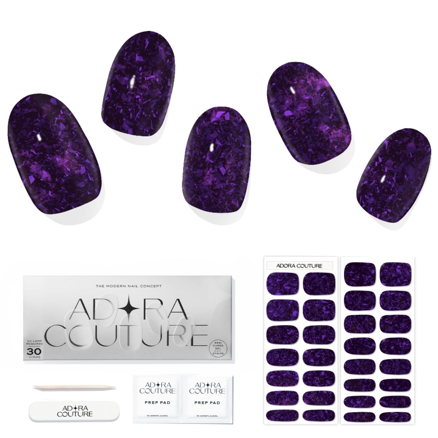 Adora Couture Semi Cured Gel Nail Strips with 30 Pieces - UV Gel Stickers, Manicure Kit, Easy Application Wraps Includes Prep Pads, Nail File, Wooden Stick - UV Light Required (Purple Flake)