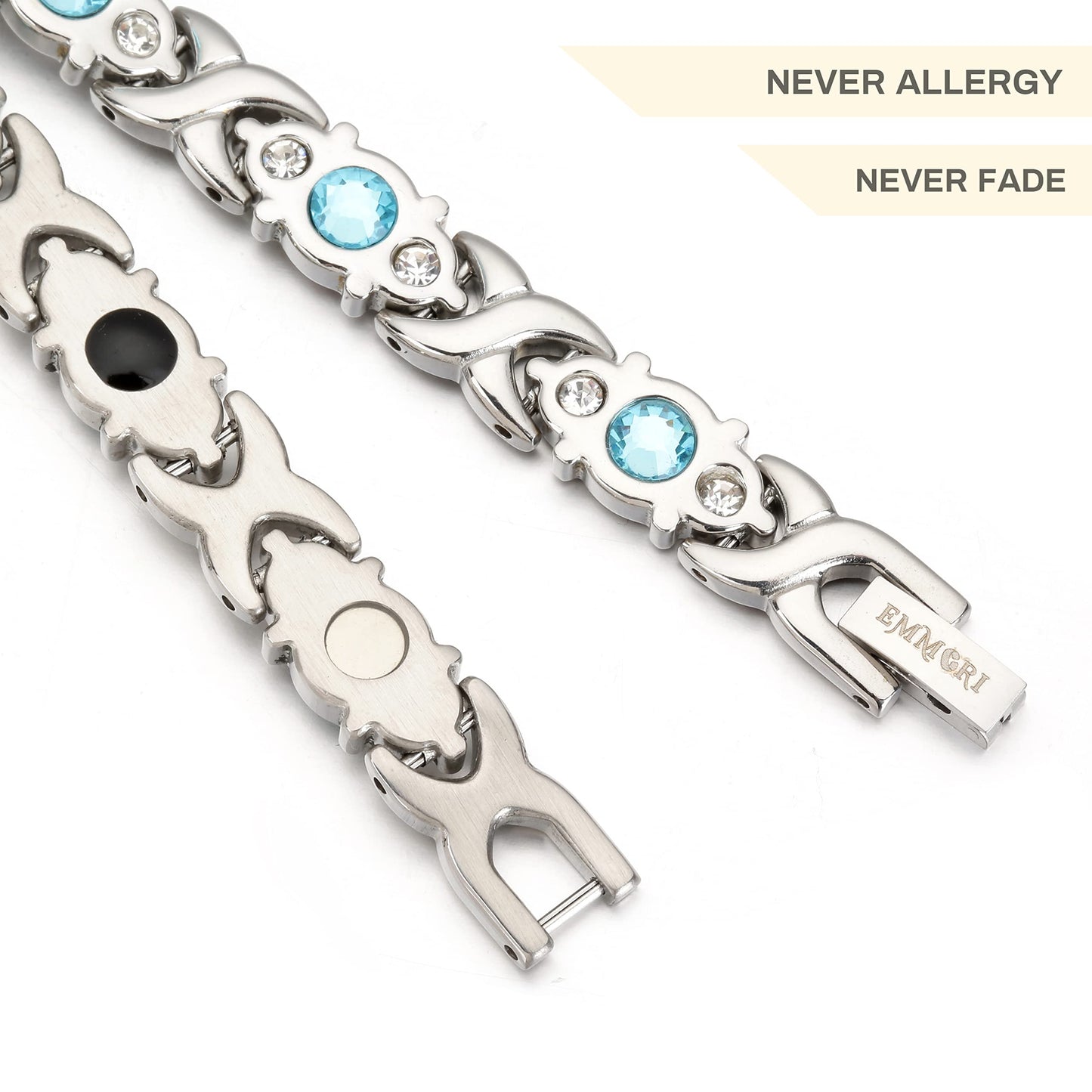 EMMORI Ultra Strength Magnetic Bracelet for Woman - 3,500 Gauss Per Magnet -Crystal Bracelet - Adjustable Length -Pulseras Magneticas (Silver Blue)