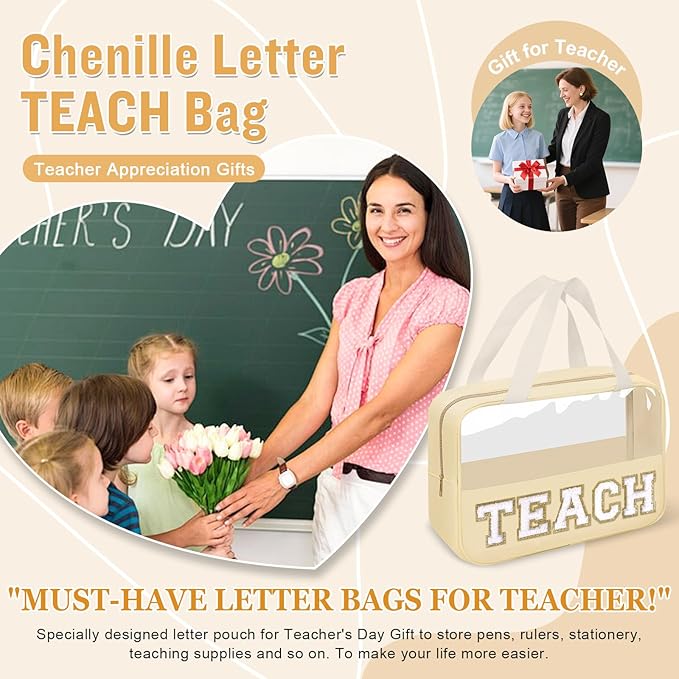 izuzta Teacher Appreciation Gifts TEACH Chenille Letter Clear Makeup Bag Pouch, Monogram Teacher Supplies Zipper with Handle Travel Cosmetic Bag Graduation Retirement Gifts for Women(TEACH-Beige)