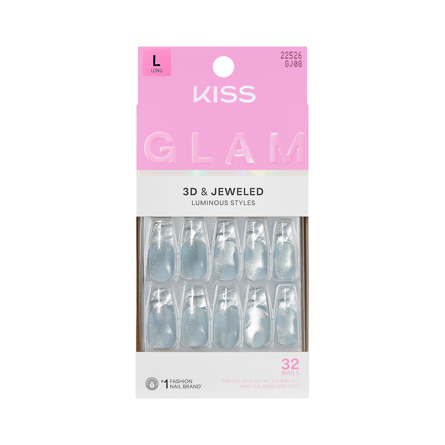 Kiss Glam, Press On Nails, Nail glue included, 'Seraphic', Blue, Long Size, Coffin Shape, Includes 32 Nails, 2g Glue, 1 Manicure Stick, 1 Mini File