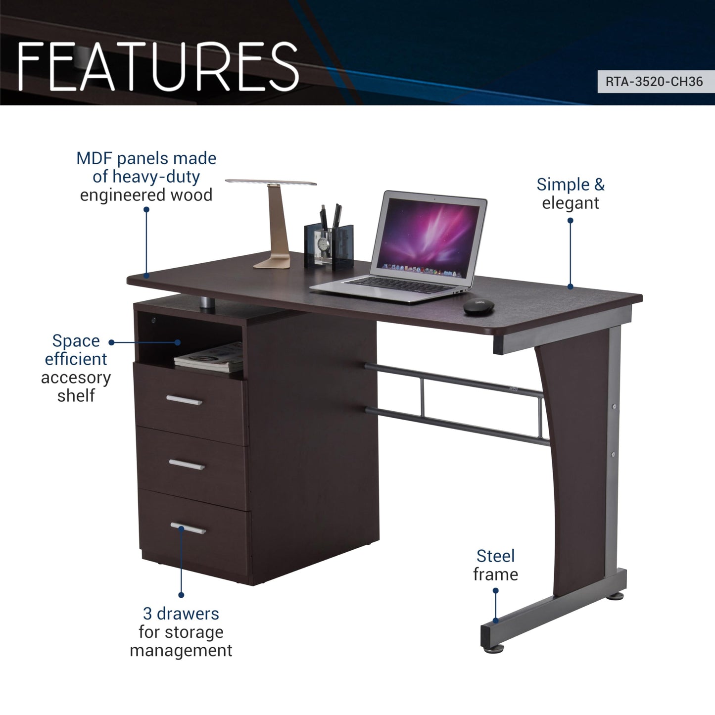 47.25" Computer Desk with Drawers, Home Office Desk with Storage, Heavy Duty and Water Resistant Study Table, Chocolate Brown