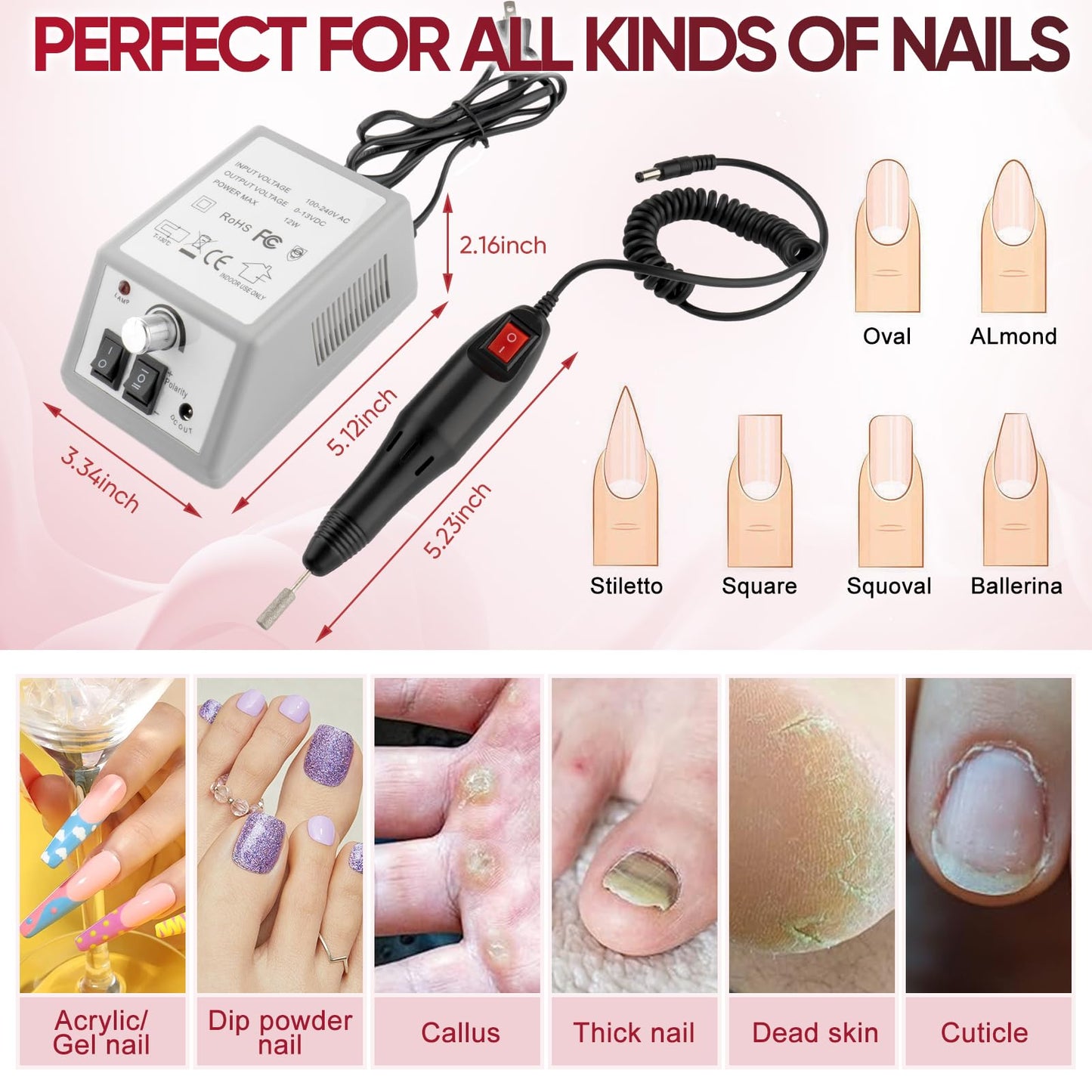 Electric Nail Drill Machine Professional Nails File Kit for Acrylic Nail Gel Dip Powder Art Shape Remover Tool Polisher Grinder Low Noise Manicure Pedicure Set with 156pcs Sanding Bands (Grey)