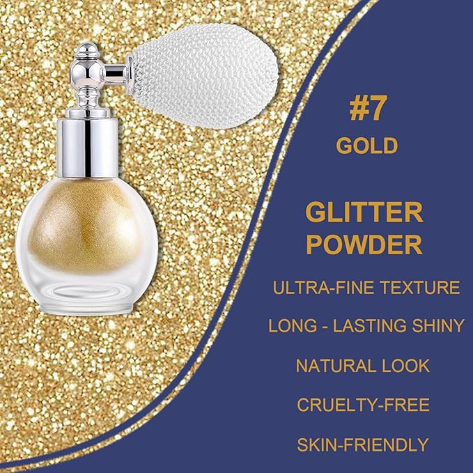 Gold Glitter Spray for Face and Body, Rich Color Loose Shimmer Powder Long Lasting Sparkly Spray High Gloss Makeup for Women Rave Festival Prom Stage Wedding Party, #7
