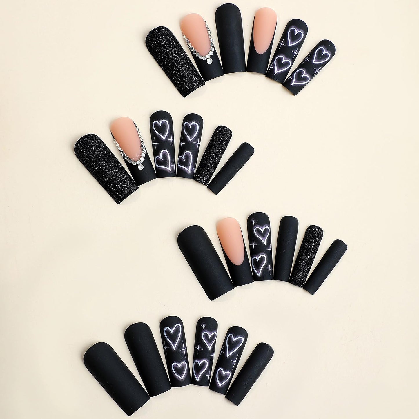 MISUD Press on Nails - Long Square Fake Nails with Matte Black, Acrylic Bling Glitter Design 24 pcs