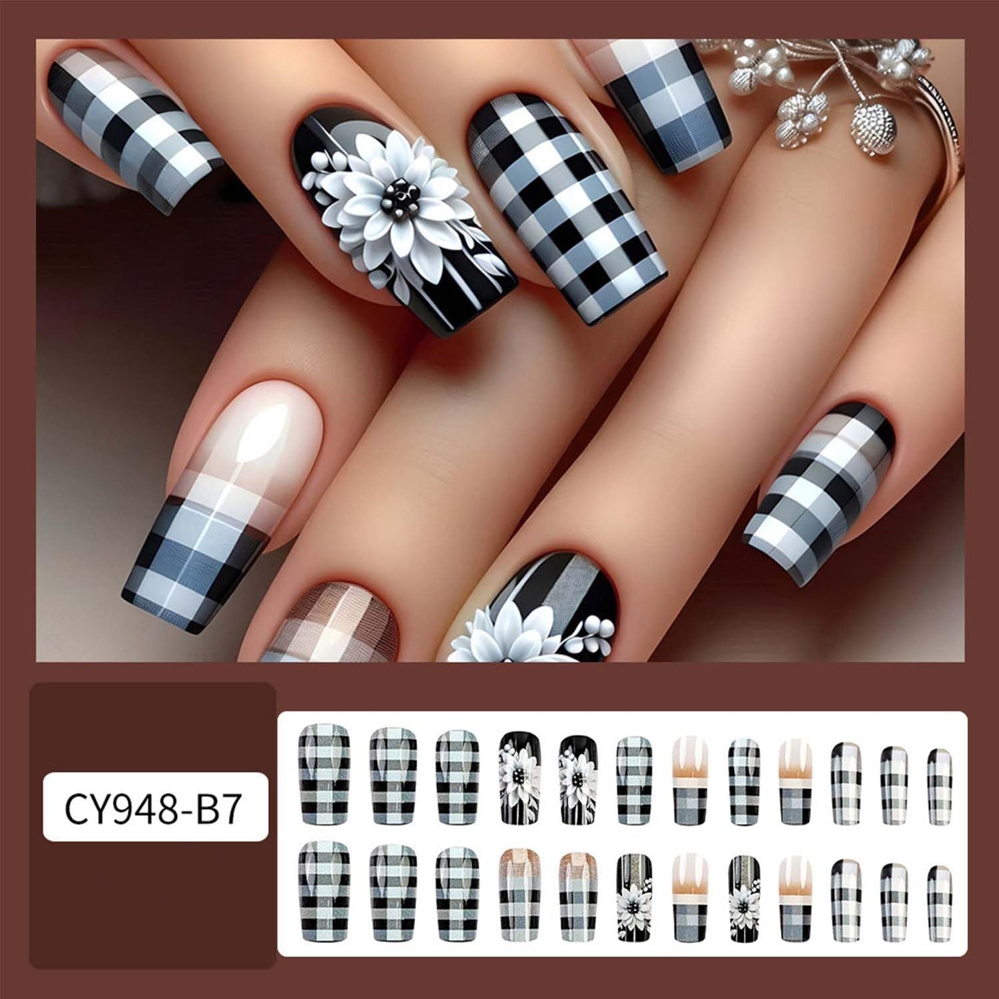 Square Press On Nails Medium Fake Nails Flower With Plaid Design Black False Nails Spring Acrylic Nails Full Cover Ombre Glue On Nails Artificial Nails Glossy Stick On Nails For Women Manicure 24pcs