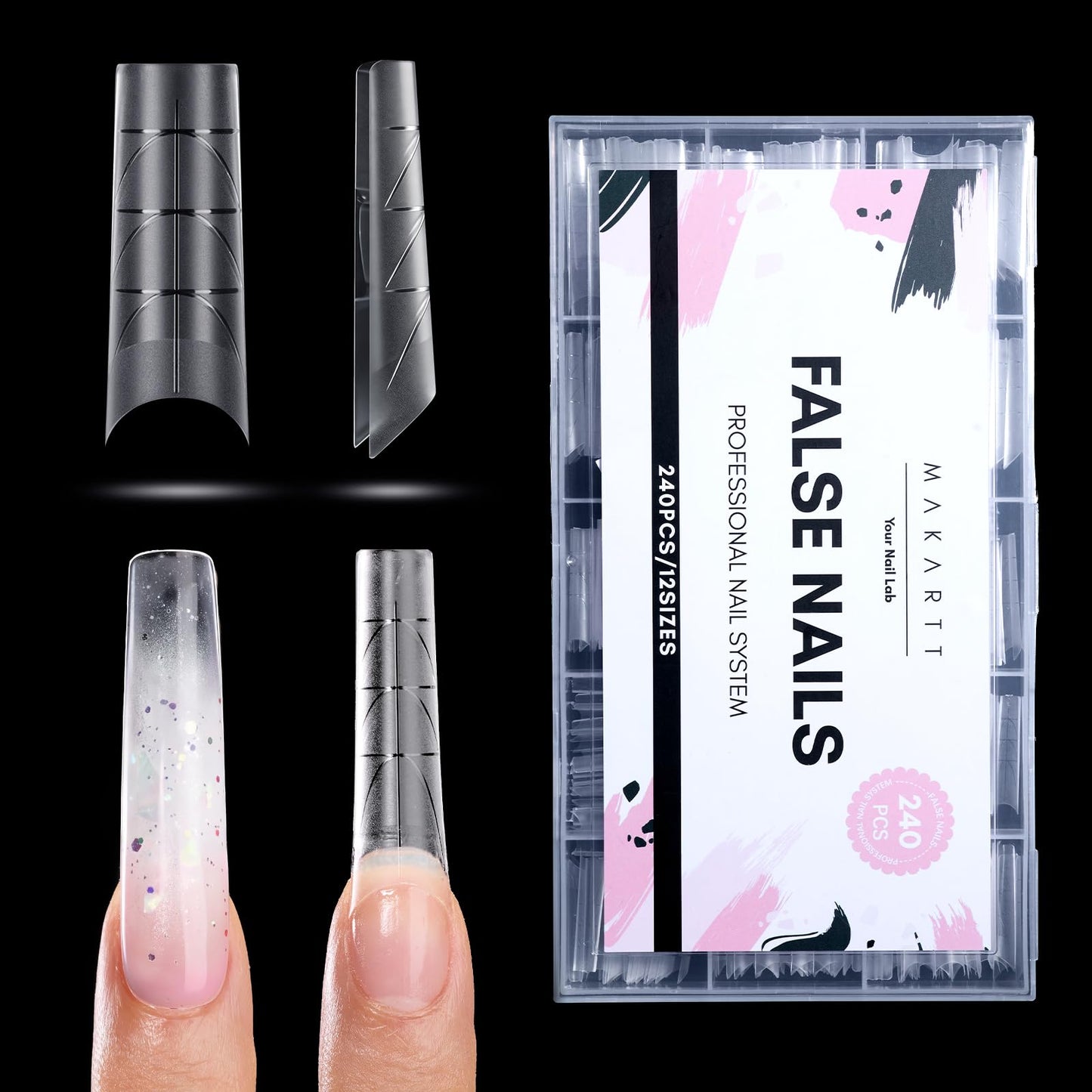 Makartt XL Tapered Square Nail Tips with Alignment Guides, Half Cover Fake Nails, Natural C Curve, Matte Clear Straight Nails for Extension, Nail Art Design Manicure Salon Home DIY, 240pcs 12 Sizes