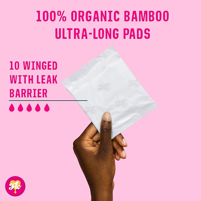 Flo Bamboo Extra Long Period Pads with Wings (10 Pads) - Ultra Absorbent, High Protection