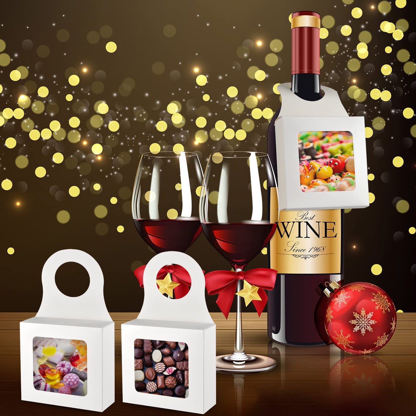 Mototo 30 PCS Kraft Paper Wine Bottle Boxes with Transparent Window Hanger Foldable Wine Bottle Empty Gift Boxes with Hanger for Valentines Christmas Candy Truffles Chocolate Cookies Packing, White