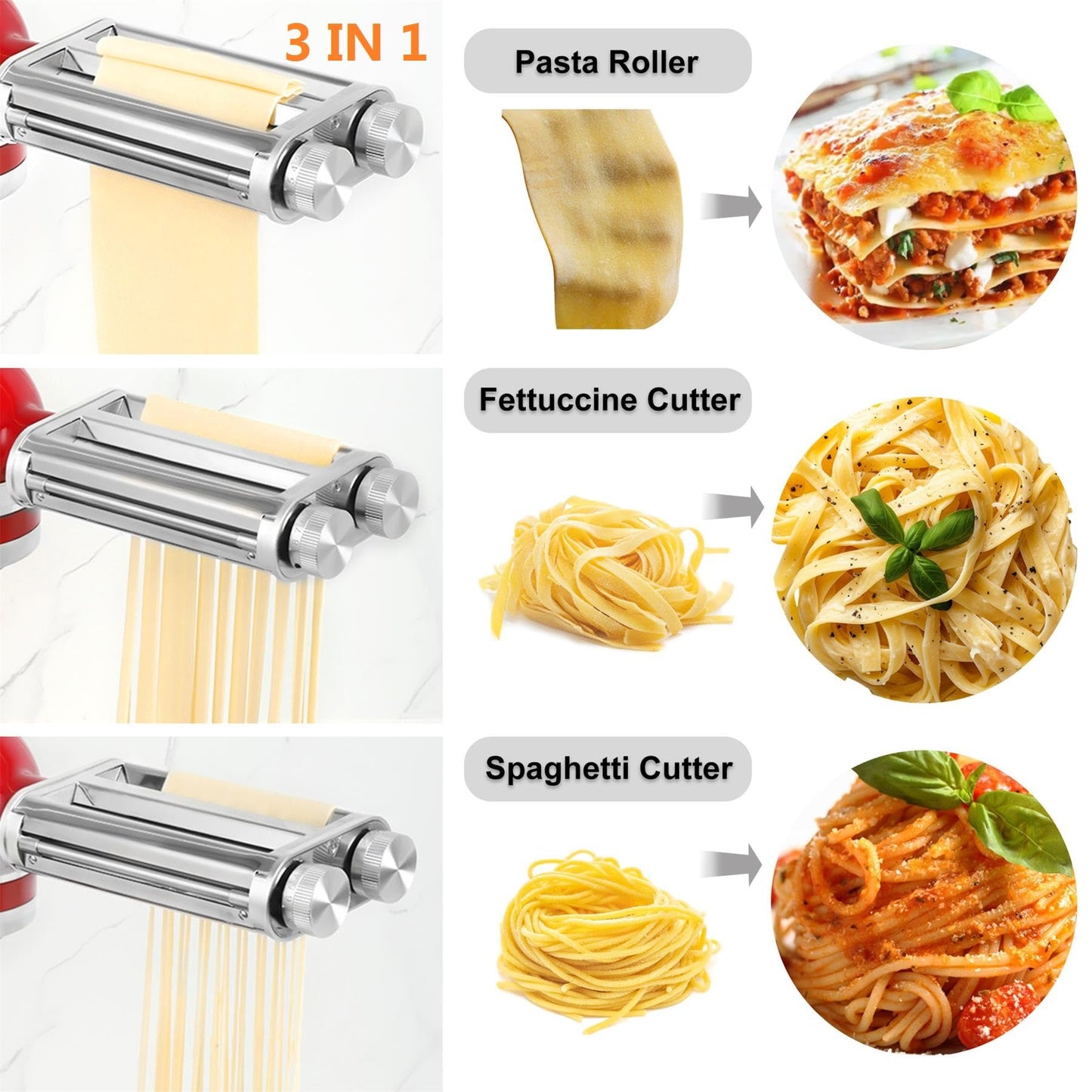 FavorKit 3 in 1 Pasta Maker Attachment Set for KitchenAid Mixers Plus Hub Knob Screw Accessory Included Dough Sheet Roller, Noodle Spaghetti & Fettuccine Cutters-Unique Design