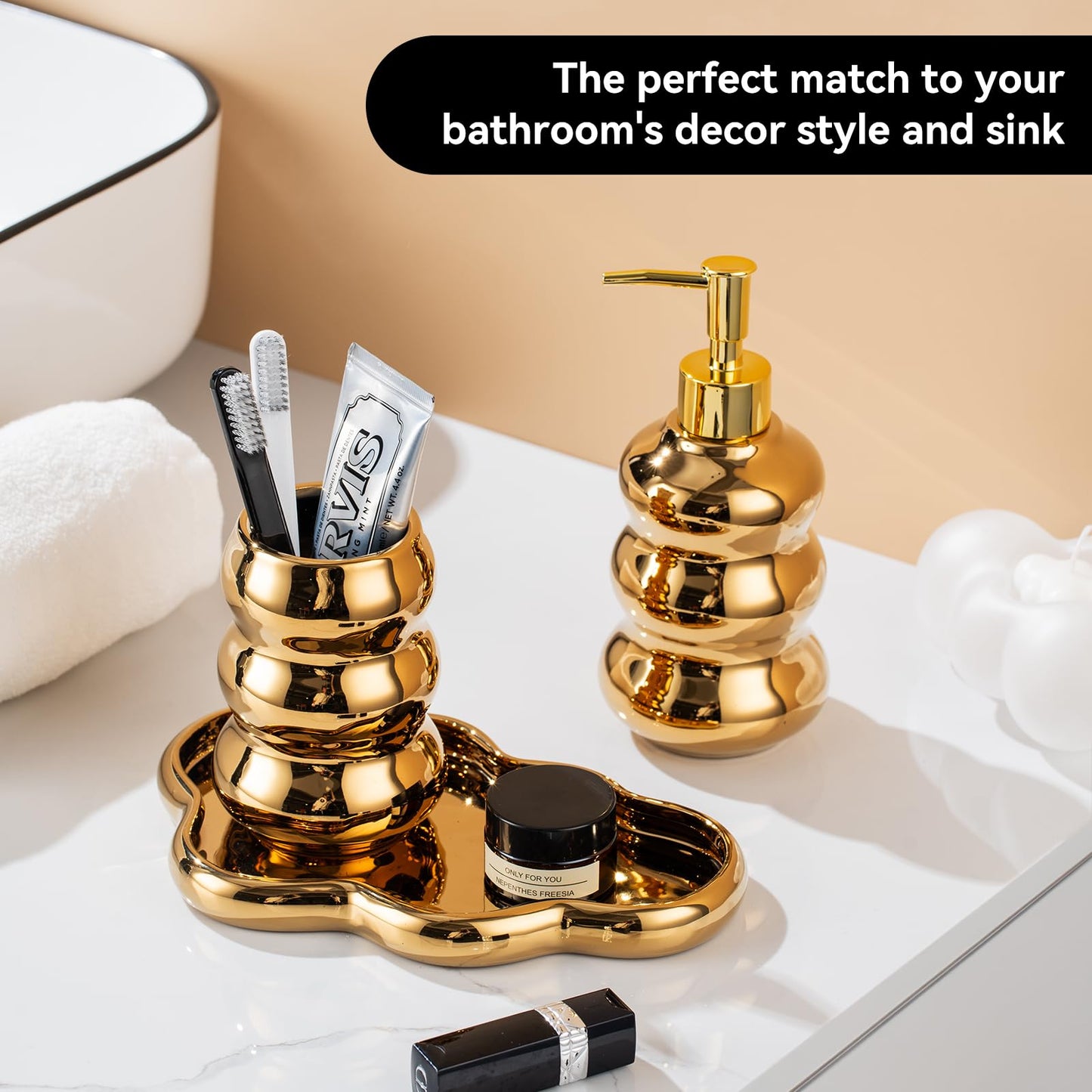Gold Bathroom Accessory Set, 3-Piece Gold Ceramic Bath Accessories Set with Tray, Lotion Dispenser, and Tumbler for Luxurious Bathroom Decor