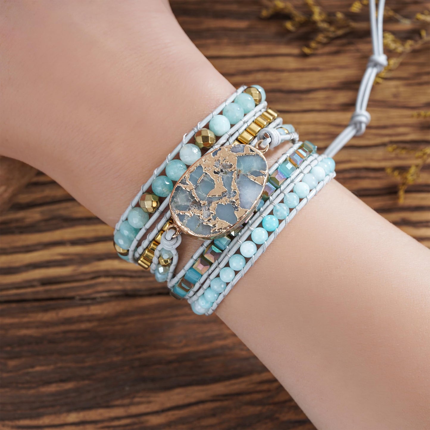 Plumiss Boho Handmade Women Unique Style Amazonite Stone Natural Bead Strand 5 Wrap Stackable Bracelets Jewelry