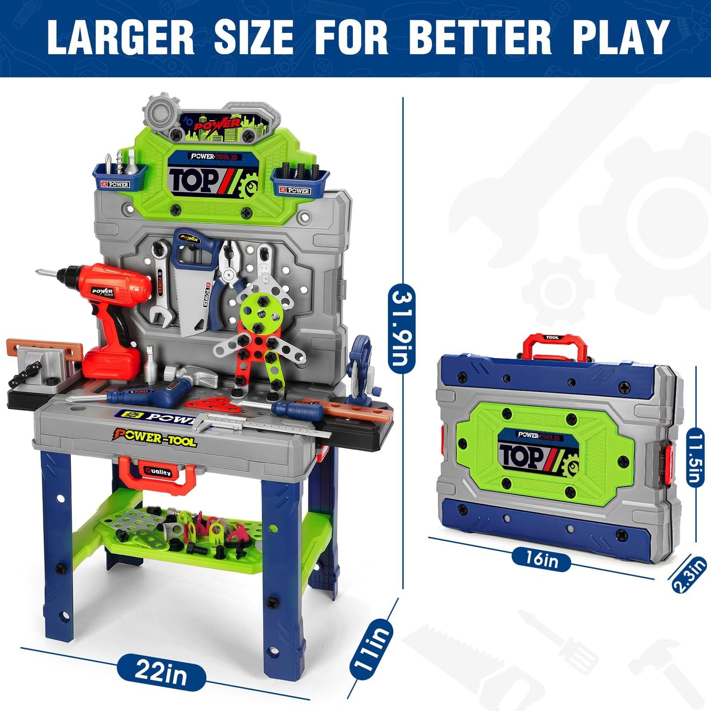 Kids Tool Bench Set with Electric Drill and Realistic Tools, Construction Workbench Playset Toy for Toddler 3-5, Easy Set up, Kids Boy Toys, Birthday Gifts for Boys Age 3 4 5 Year Old