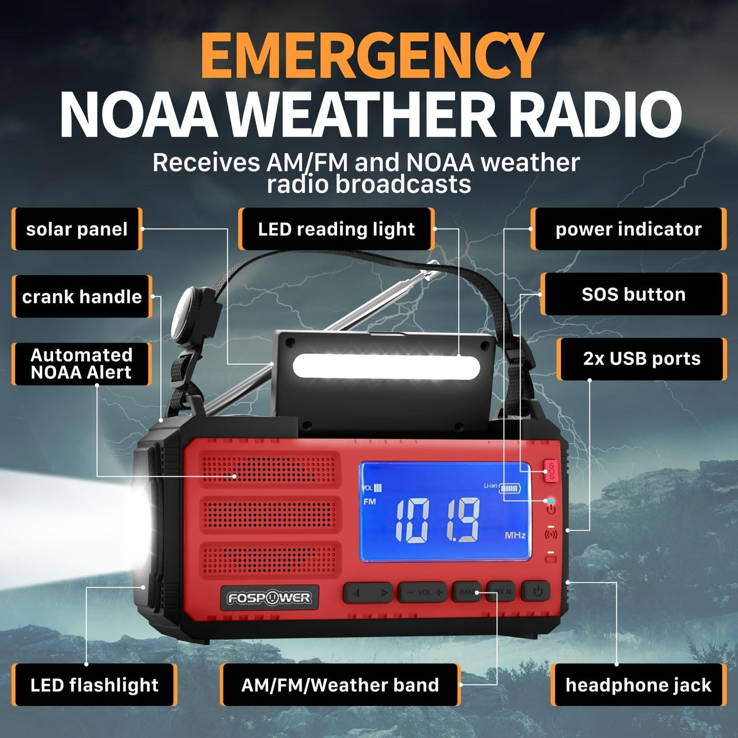 FosPower NOAA Emergency Weather Radio D8 37000mWh Portable Power Bank, AM/FM, USB/Solar/Hand Crank Charging, SOS Alarm & Flashlight for Indoor/Outdoor Emergency - Red