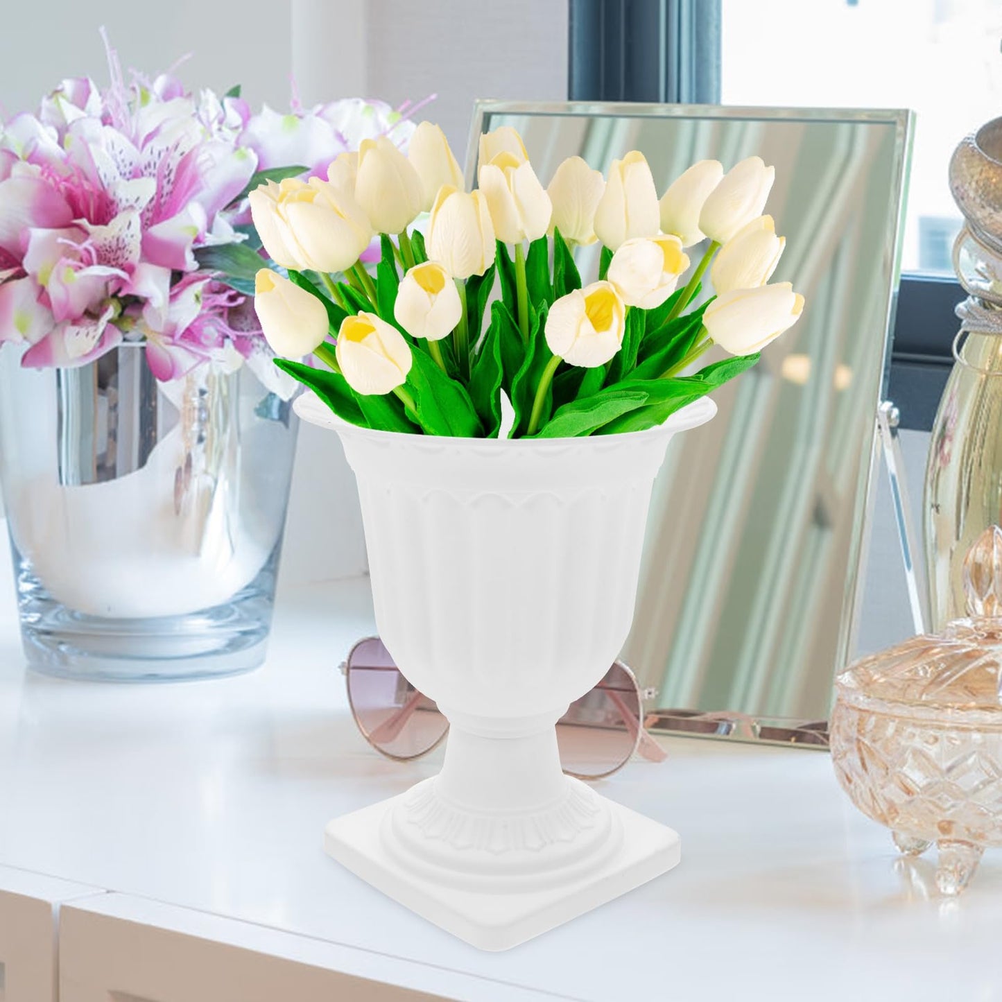 Abaodam 2pcs Urn Planter Flowerpot Flower Stand for Wedding Flower Pots Indoor Front Door Decorations Pots for Plants Tall Planter Outdoor Vase White, 6.7X5.5X5.5in