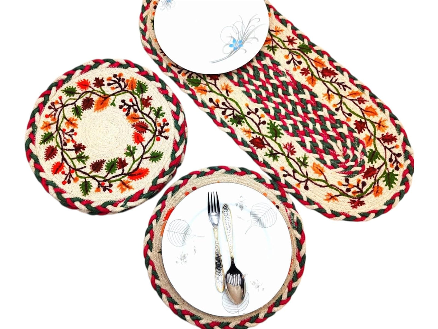 Jute Placemat and Table Runner Set – 7-Piece Handwoven Boho Dining Set – 6 Round Placemats (13.75") + Oval Table Runner (31" x 13") – Rustic Table Decor for Kitchen, Farmhouse, or Holiday