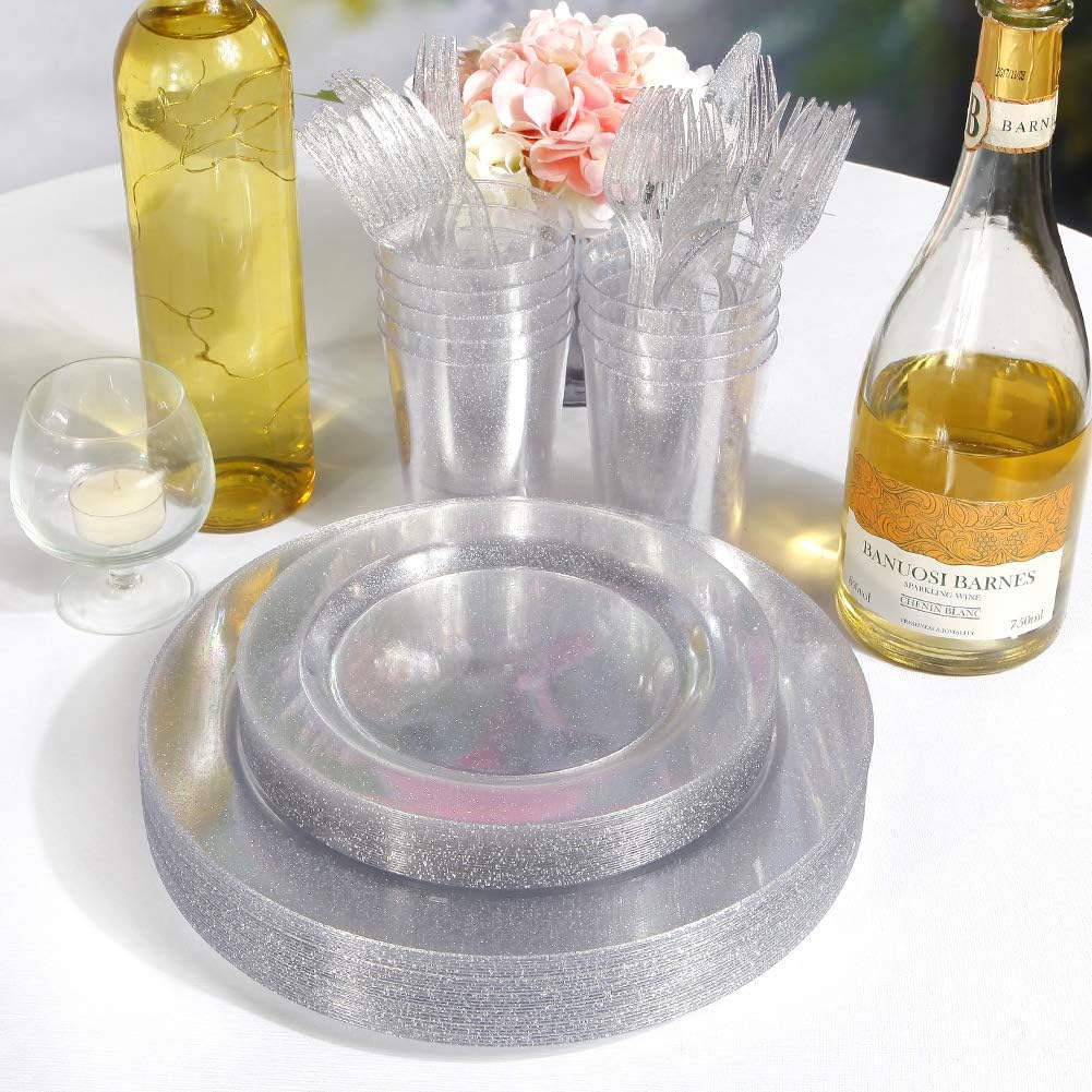 WDF 120PCS Silver Plastic Plates- Disposable Silver Glitter Plates, Premium Heavy Duty 60-10.25" Dinner Plates and 60-7.5" Salad Plates for Christmas Parties &Wedding