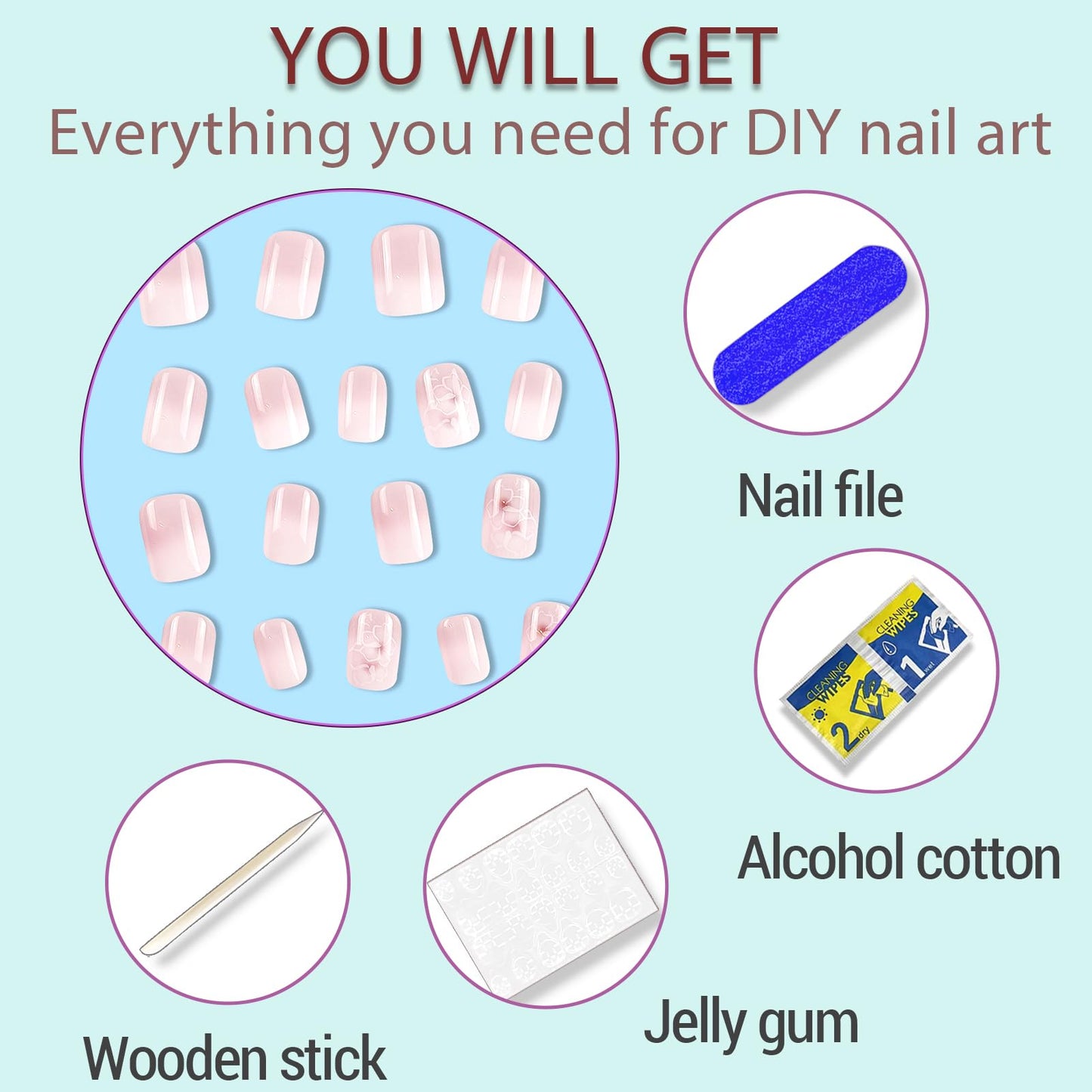 Acrylic Press on Nails Short Square Fake Nails White Ombre Glue on Nails Short False Nails with Flower Gloss Designs Nails Press on Artificial Nails Stick on Nails for Women 24Pcs