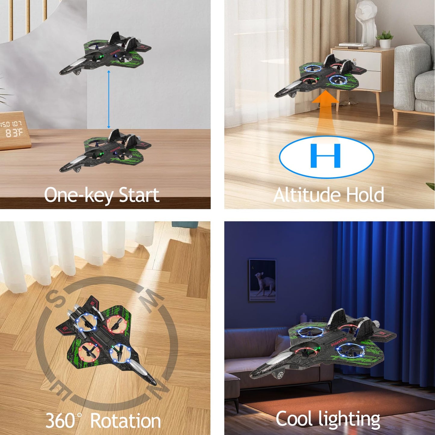 LEFEI Remote Control Drone for Kids,2.4Ghz Foam RC Airplanes Helicopter Quadcopter with Auto Hovering,360° Flip,Gravity Sensing,Stunt Roll,Cool Light,2 Battery,Gifts for 6-12 Kids Boys (Green)