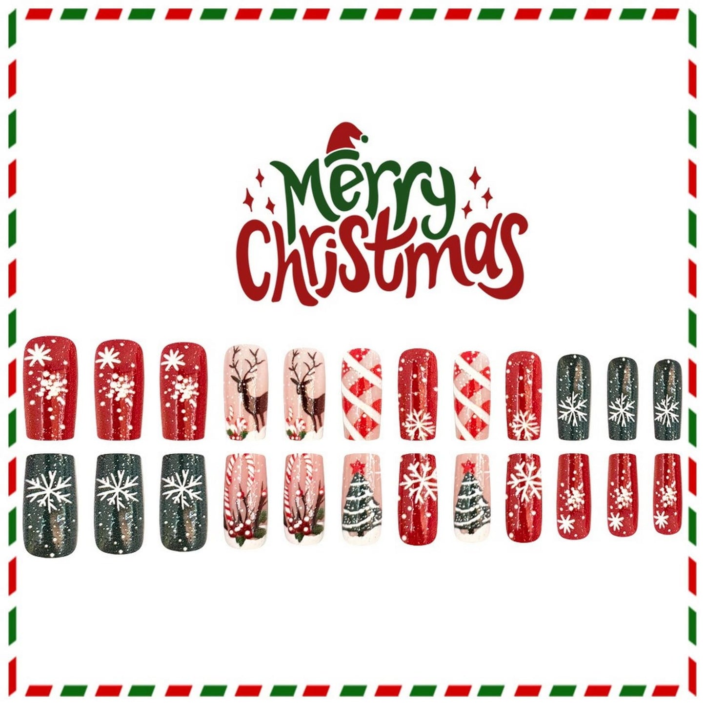 Christmas Press on Nails Medium Square Fake Nails Christmas Tree Acrylic Nails Elk and Snowflake Xmas Tree Glue on Nails for Women Nails Manicure Decoration 24 Pcs